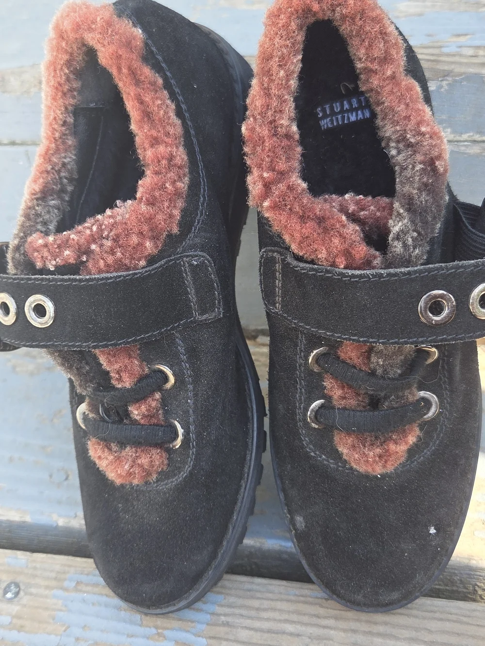 Stuart Weitzman Black Suede Kids Lace-Up Boots with Rust Shearling Trim